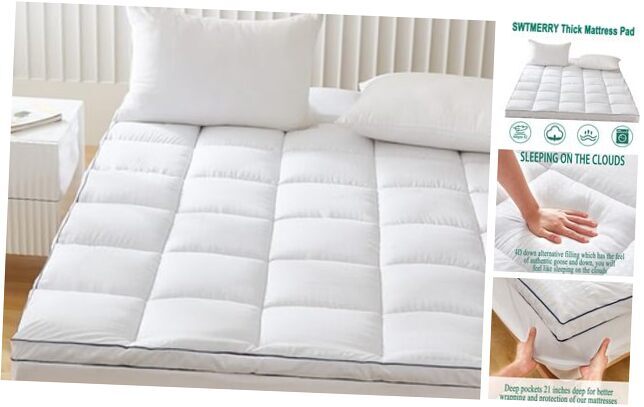 Mattress Pad Topper - Extra Thick Mattress Pad Cover for Deep Queen White