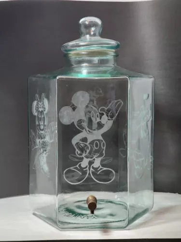Vtg Italian Green Glass 5 Gallon Hexagon Drink Dispenser Mickey Mouse & Friends 