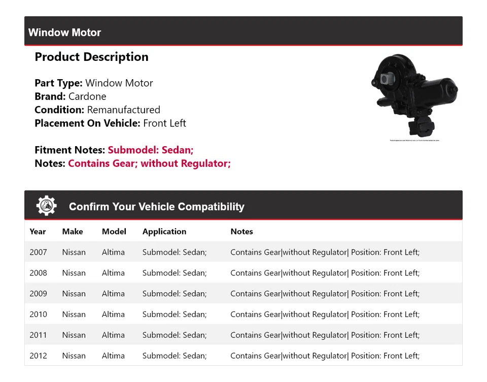 Motor de ventana delantero izquierdo cardone 2008 2009 2010 para Nissan Altima 2007-2012 sedán Foto 2 de 4