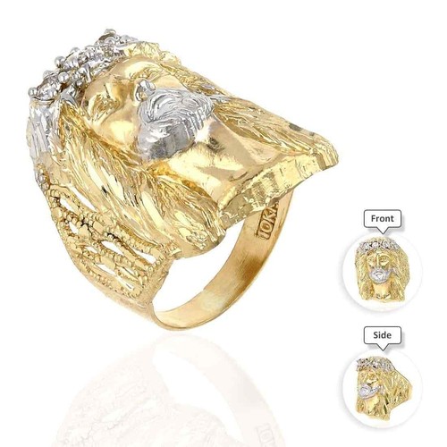 Solid 10K Gold Yellow CZ Jesus Head Mens Ring - Picture 2 of 5