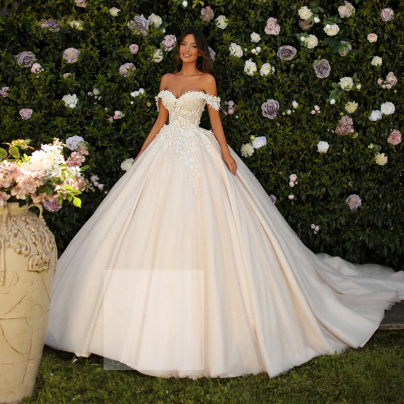 Elegant Wedding Dresses Off Shoulder Lace A-line Applique Princess Bridal  Gowns | eBay