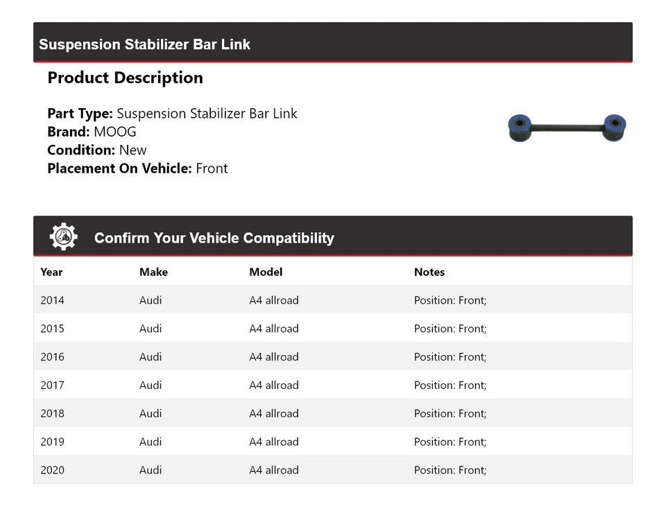 Barra estabilizadora de suspensión delantera MOOG 2014-2020 para Audi A4 Allroad Foto 2 de 4