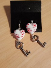 VALENTINE white heart w/dangly key handmade earrings French Hook NEW Love