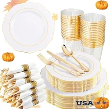 Elegant Disposable Gold Plastic Dinnerware Set Weddings Parties Events 50 Guests