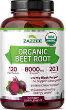 Zazzee USDA Organic Beet Root 8000 Mg Strength 20:1 Extract, 120 Vegan Capsules