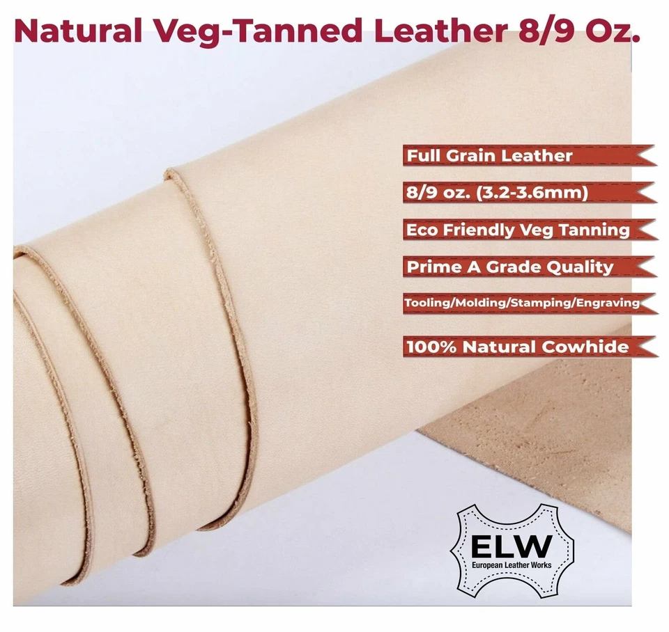 Veg Tan Full Grain Cow Tooling Leather 8-9oz(3.2mm) Pre-Cut 2pcs Special Price - Image 3 of 4