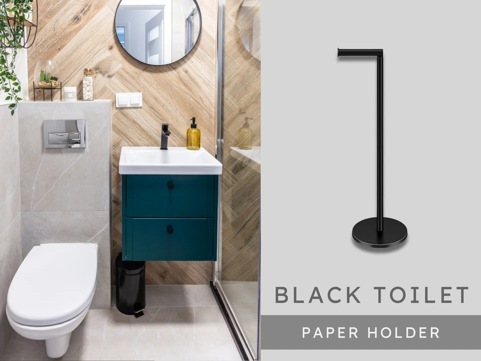 Suporte de papel higiênico preto – Suporte de tecido de banheiro independente com armazenamento - Imagem 2 de 4