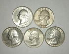 PRICED BELOW SPOT!  Lot of 5 US 90% Silver Washington Quarters $1.25 FV !   hn5