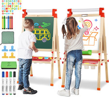 Kids Wooden Easel with Paper Roll - Adjustable Magnetic Double Sided Drawing Boa