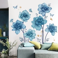 Large Blue Flowers Wall Stickers Peony Floral Plants Butterfly Peel and Stick Wa
