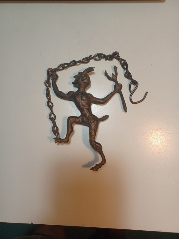 Antique Brass/Bronze cast Satyr Devil fireplace flue damper pull w/chain