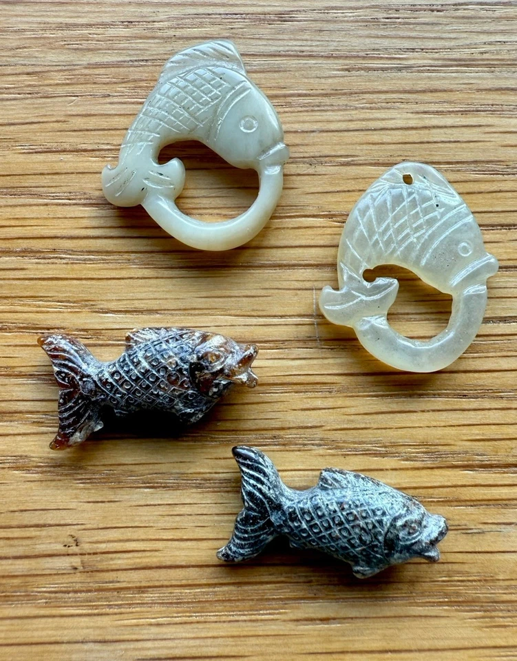 Lote de colgantes de cuentas de pescado ámbar y jade blanco tallado exportación china vintage Foto 2 de 4