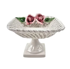 Vtg Capodimonte Rope Basket Weave Candy Dish w/Pink Roses Ceramic Rare 