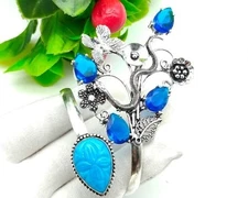 Blue Turquoise Gemstone 925 Sterling Silver Jewelry Cuff Bracelet Adjustable"