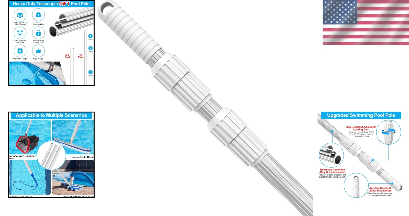 Effortless 15FT Aluminum Pool Pole - Ideal for Skimming, Vacuuming, and Brushing