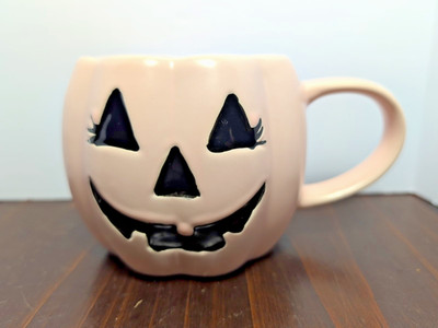 RARE Pastel Pink Jack O  Lantern Pumpkin Coffee Mug Halloween Lashes 19 oz
