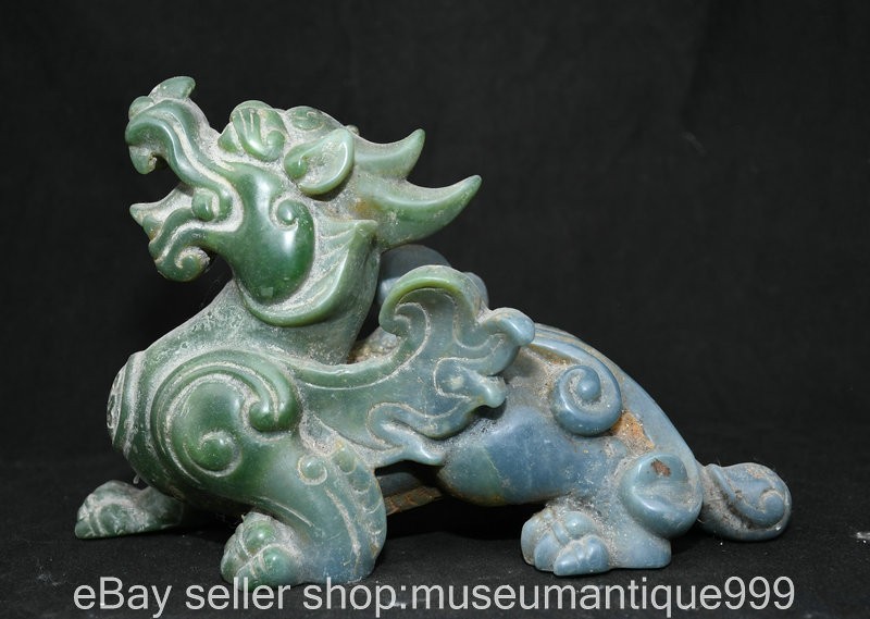 9.6" China Natural Verde Talla Sagrada Pi Xiu Bestia Escultura Estatua