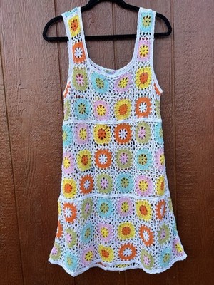 India Boutique Multicolor Crochet Dress size medium granny square boho
