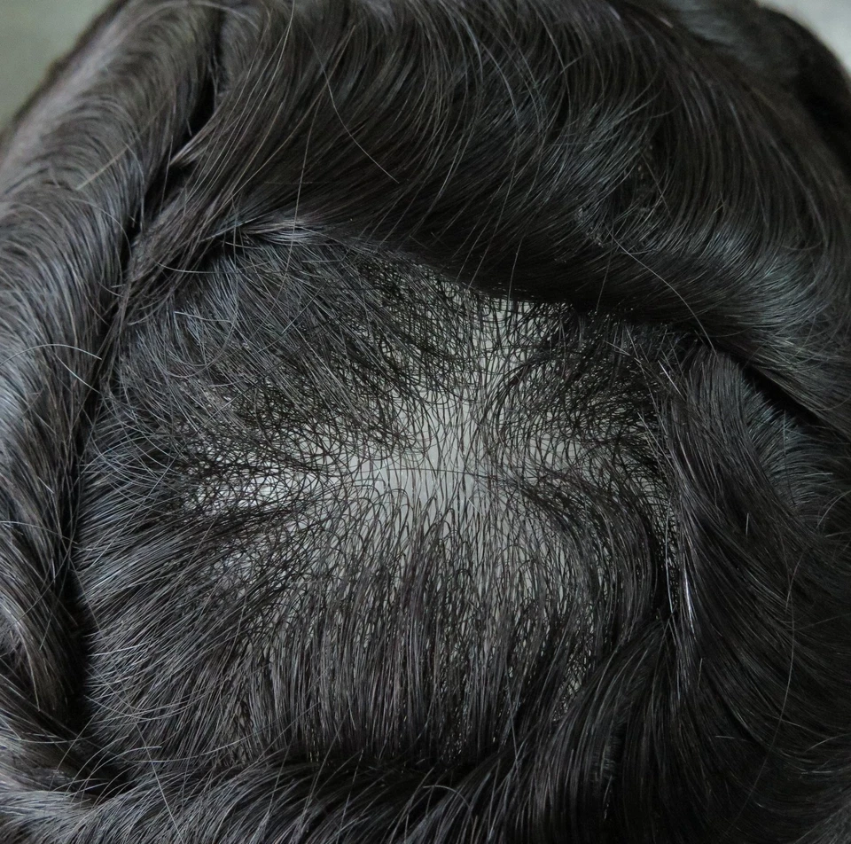 Toupee Mens Human Hair Replacement System 0.04mm Skin Hairpieces Natural Black - Image 4 of 4