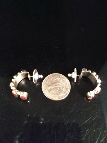Navajo Signed Red Cluster Half Hoop Sterling Silver Earrings Sally Yazzie - Picture 7 of 12
