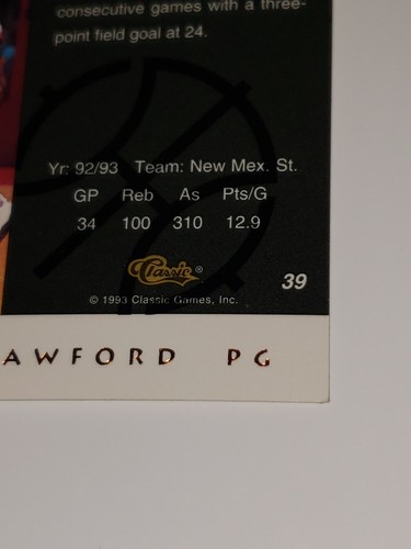 1993 Classic Futures Sam Crawford #39 Pallacanestro π Carta collezionabile sportiva - Foto 9 di 10