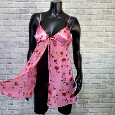 Vintage 90s Y2K Victorias Secret M Pink Floral Chiffon Flyaway Front Babydoll