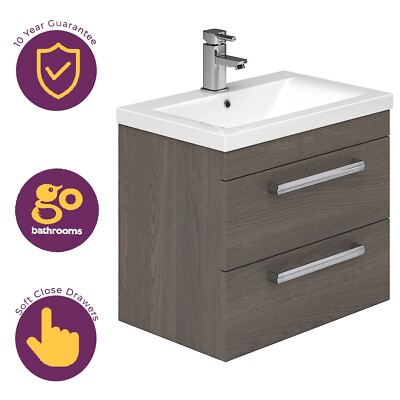 Dark Wood Effect Bathroom Vanity Unit Wall Storage Ceramic Sink 515mm ...