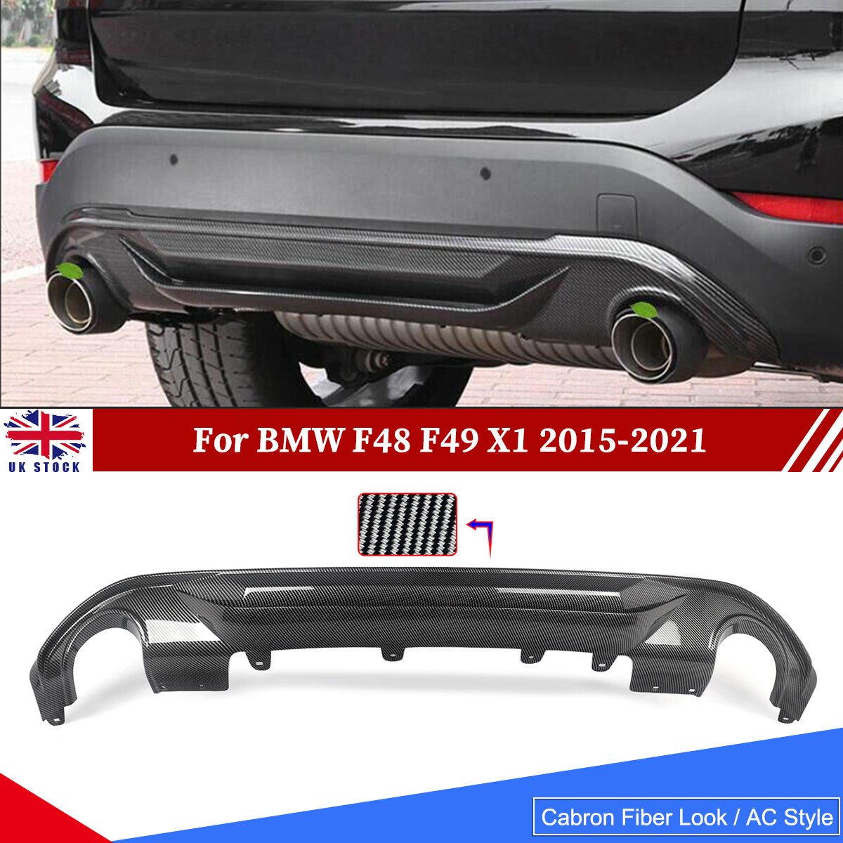 For BMW F48 F49 X1 2015-2021 AC Look Rear Bumper Diffuser Lip Carbon Fiber Style
