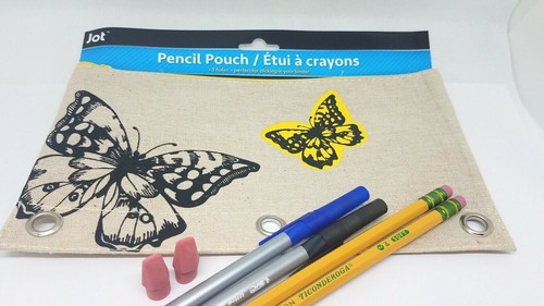Canvas Jot Pencil 3 Hole Pouch Butterfly School Kit - 2 Pens, Pencils & Erasers - Picture 2 of 5