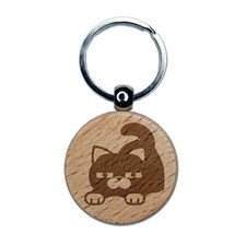 Round Cat Stretching Engraved Wood Round Keychain Tag Charm