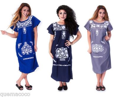ebay embroidered dress Mexican Peasant Embroidered Dress Solid White embroidery Assorted colors