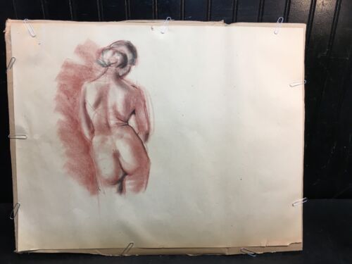 Vtg Charcoal Red Pencil Art DRAWING SKETCH Portrait Nude Woman Standing 22x17in - Picture 2 of 3