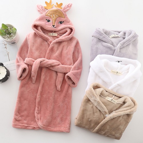 Boys Girls Cartoon Bathrobes Hooded Warm Flannel Night-Robe Cute Soft Sleepwear - Picture 7 of 19