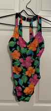 Lands End Women  s One Piece Swimsuit Size 8 Neon Flower Portrait Back Vtg