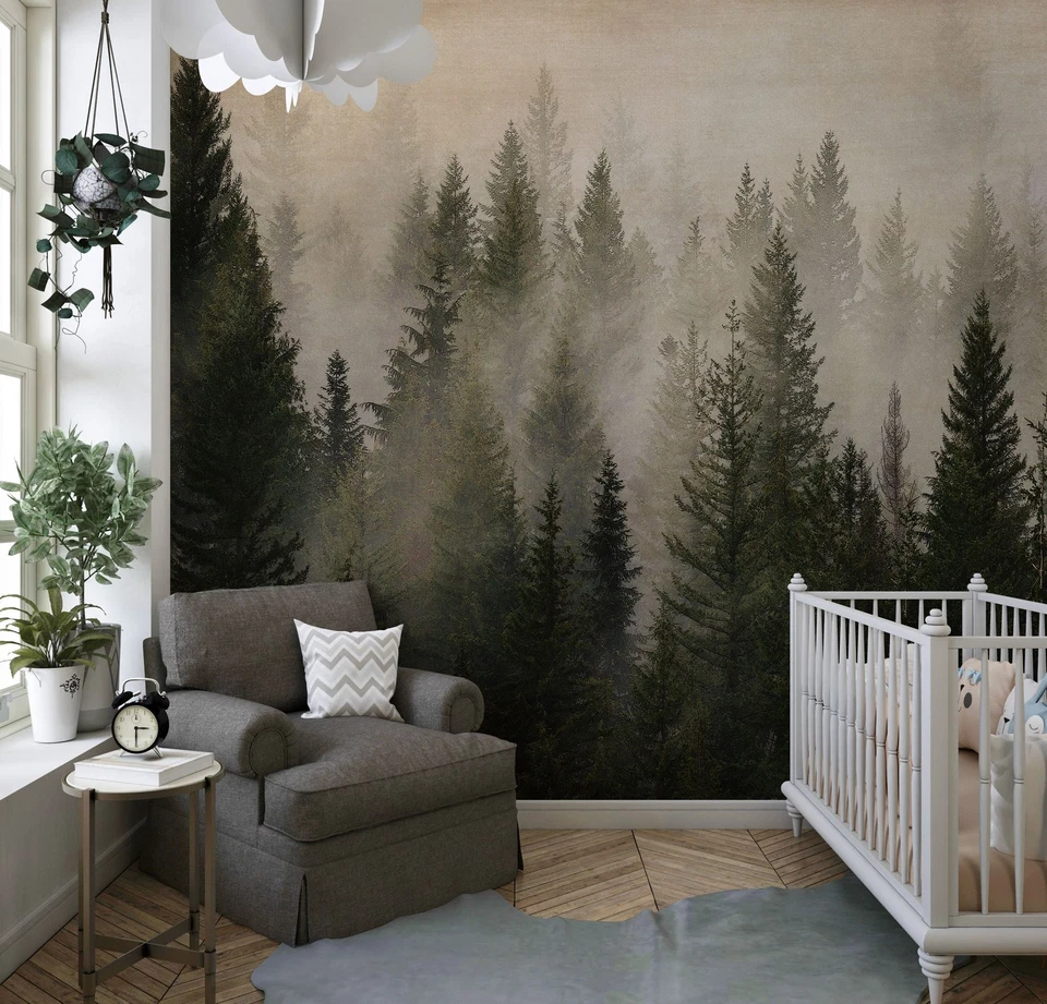 Misty Pine Tree Forest Landscape Wallpaper. Peel and Stick Wall Mural. #6237 - Image 4 of 4