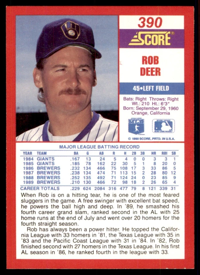 1990 Score Rob Deer Milwaukee Brewers #390 - Image 2 of 2