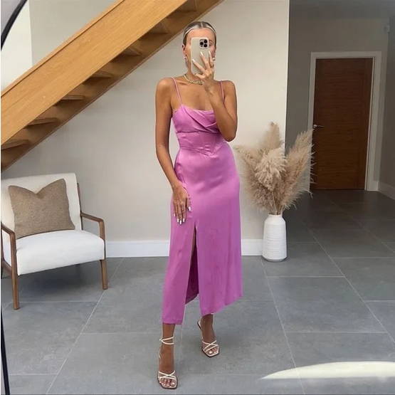 NEW ZARA STRAIGHT NECK SATIN EFFECT MIDI DRESS 0387/161 Size