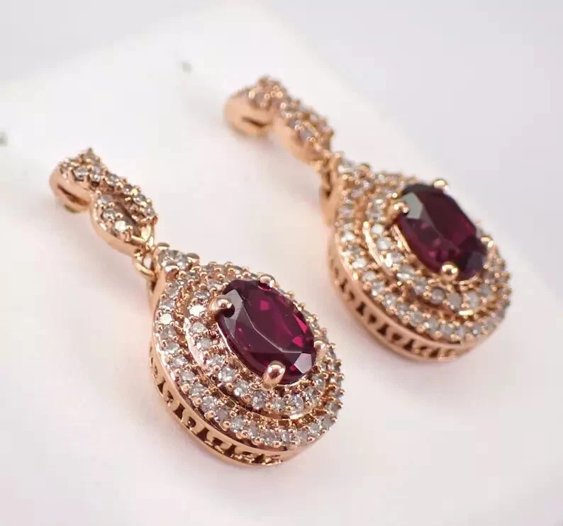 3Ct Oval Cut Lab-Created Garnet Halo Drop Dangle Earrings 14K Rose Gold Plated - Image 2 of 4