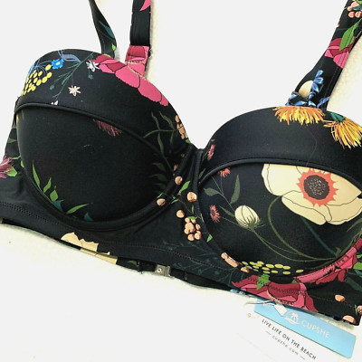 0X Cupshe Bikini Top Black Botanical Floral Pushup Molded Cups UW Swimsuit