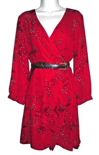 Womens 12 Madewell Faux Wrap Red Holiday Mini Dress Floral Hazelwood