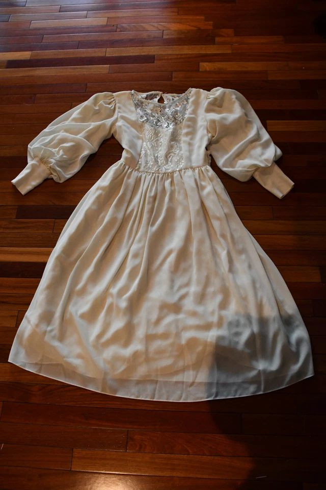 Vestido Vintage Cachet por Bari Protas Anos 80 Marfim Chiffon Modesto Tamanho 9/10 - Imagem 3 de 4