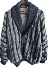 Vintage ZILLI Chunky Blue 3D KNIT Shawl Collar CARDIGAN Bomber Jacket Sz-L/4