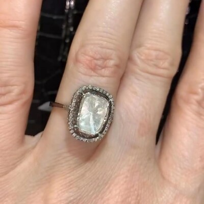 Large Polki Diamond Ring - 14k Gold-Plated Sterling Silver- Halo Rose Cute Ring