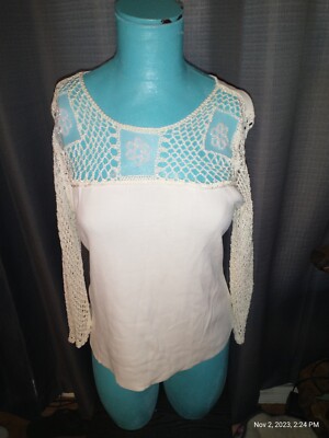Joseph A. Qu est Ce Que C est Blouse wn s XL White NWOT crochet arms VTG