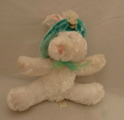 Dan Dee White Bunny Rabbit Plush Stuffed Animal w/Green Hat 9 inches