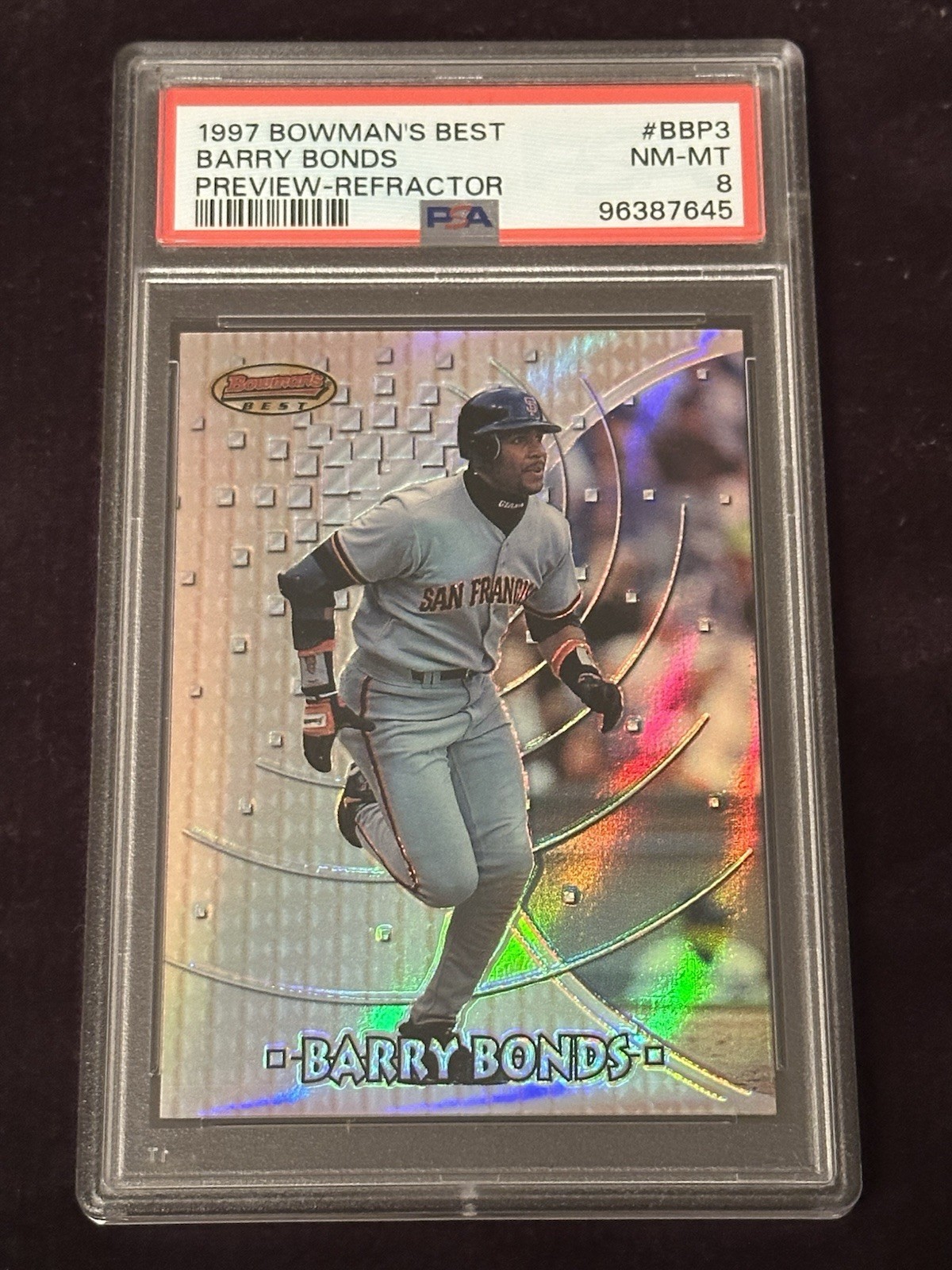 1997 Bowman’s Best Preview Refractor Barry Bonds Insert Card #BBP3 Graded PSA 8!