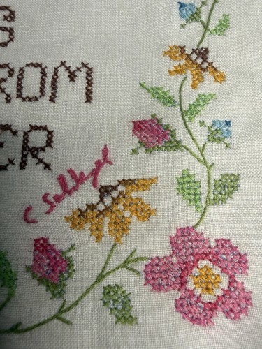 Vintage signierter Schlagel Kreuzstich Glück fängt Leinen Kissenrahmen - Bild 5 von 10