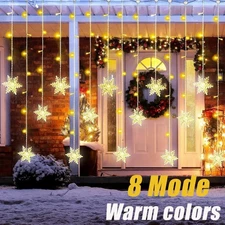 96 LED Snowflake Fairy Curtain String Lights Hanging Ornament Xmas Party Decor