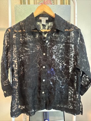 Notations Women's Linen Blend Black Floral Lace Blouse Medium Collared Shirt M