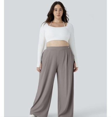 Halara Women's Gray Micro Waffle Wide-Leg Pull-On Pants Pockets Stretch S